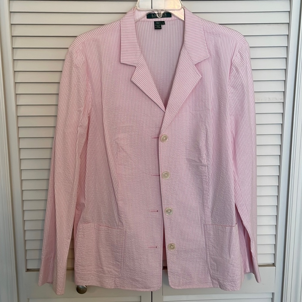Pink and white striped seersucker suit hundred percent cotton